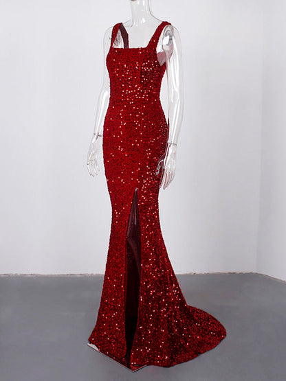 JuliaFashion - 2024 Sparkle Red Slit Leg Mermaid Long Cocktail Dress