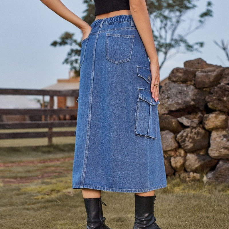 JuliaFashion - 2024 Trendy Elastic Waist Denim Half-Length Skirt