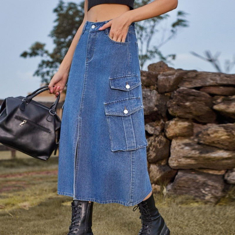 JuliaFashion - 2024 Trendy Elastic Waist Denim Half-Length Skirt