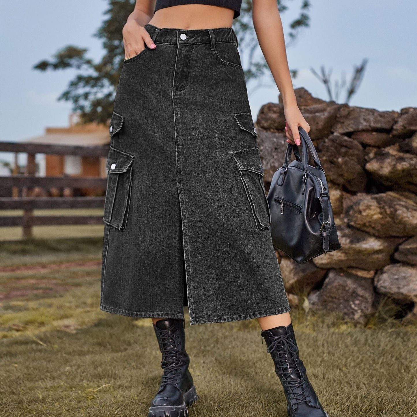 JuliaFashion - 2024 Trendy Elastic Waist Denim Half-Length Skirt