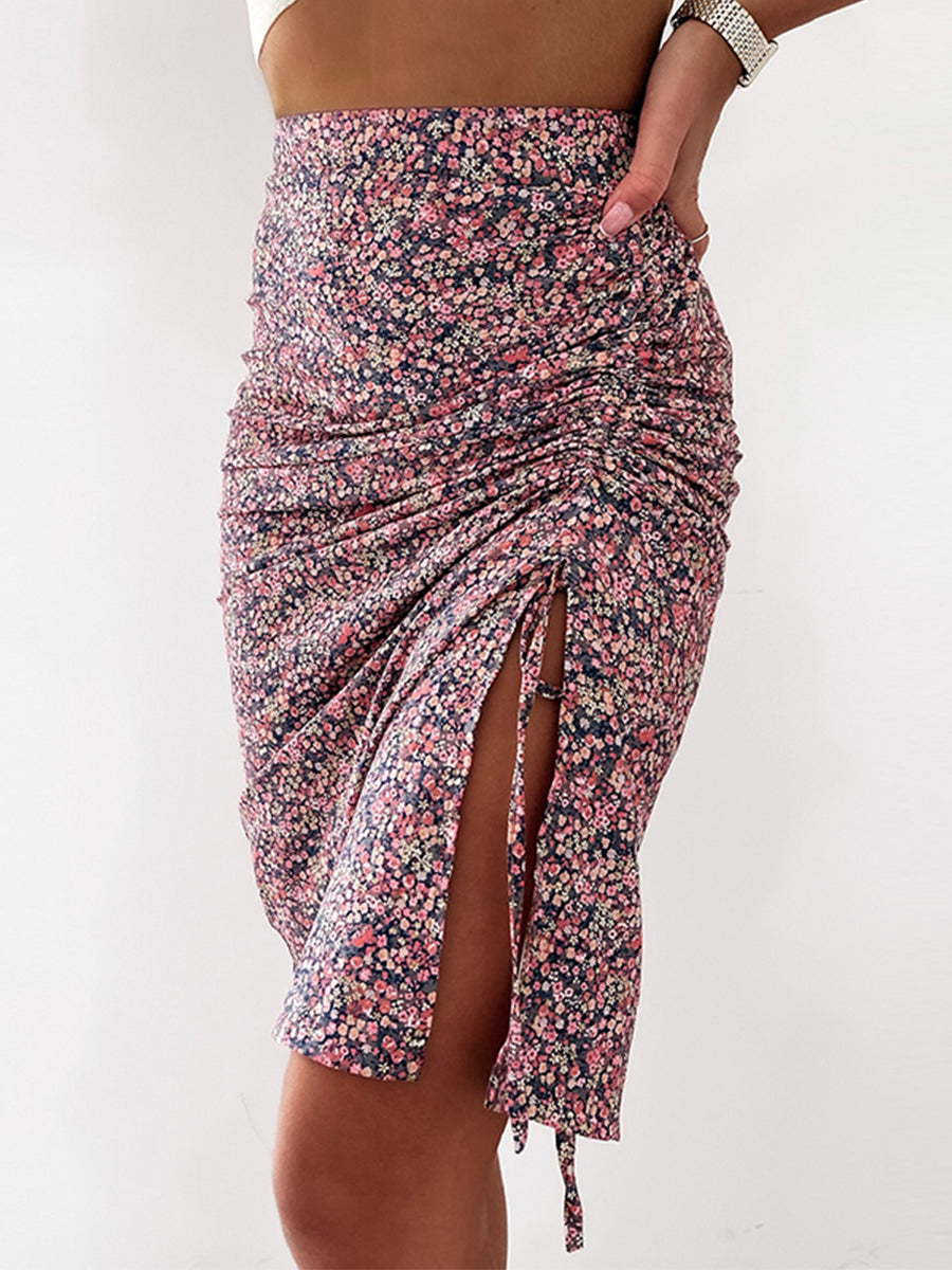 JuliaFashion - 2024 Women High Waist Floral Print Drawstring Split Midi Skirt