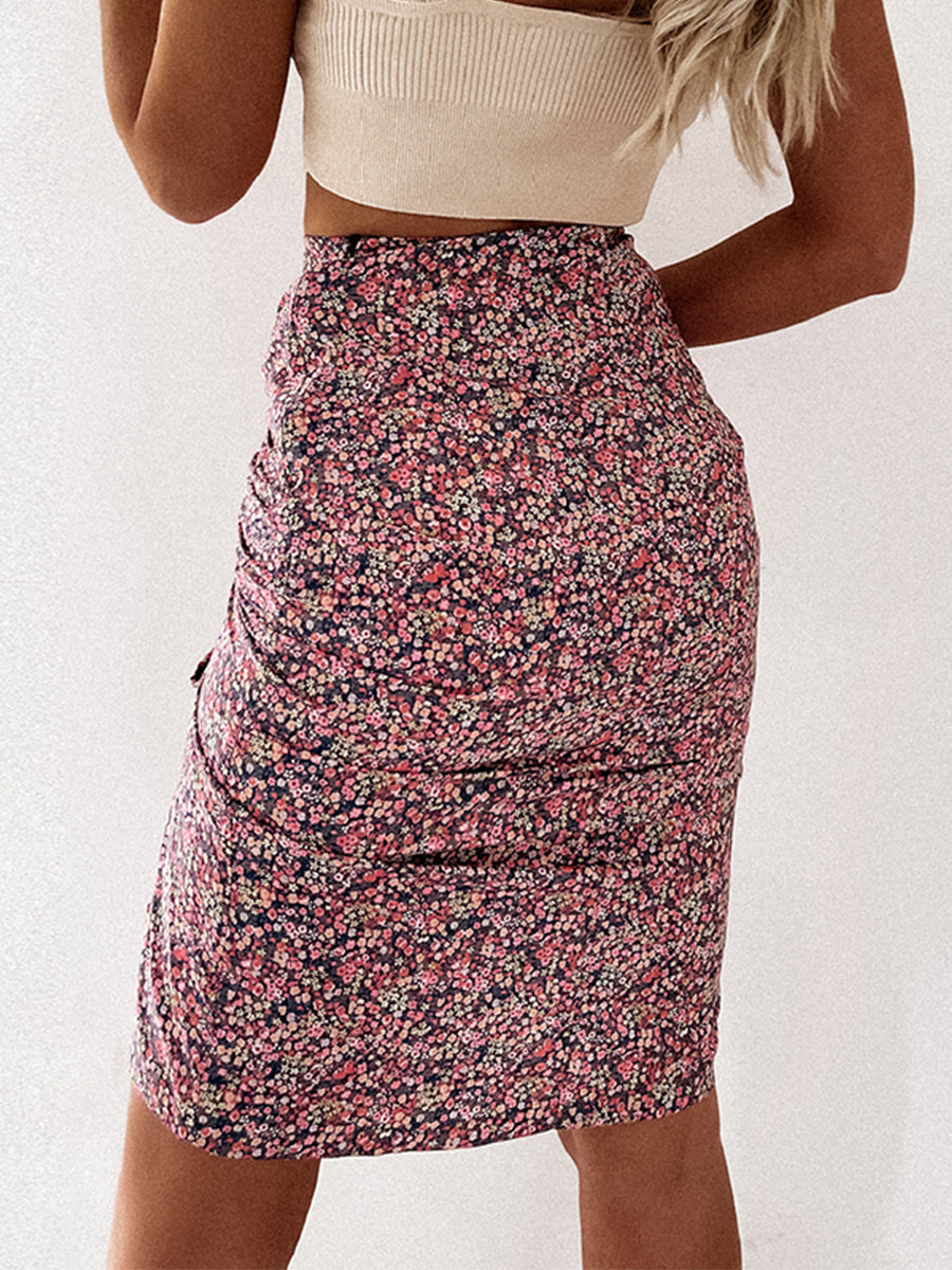 JuliaFashion - 2024 Women High Waist Floral Print Drawstring Split Midi Skirt