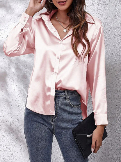 JuliaFashion-Imitation Silk Long Sleeve Blouse