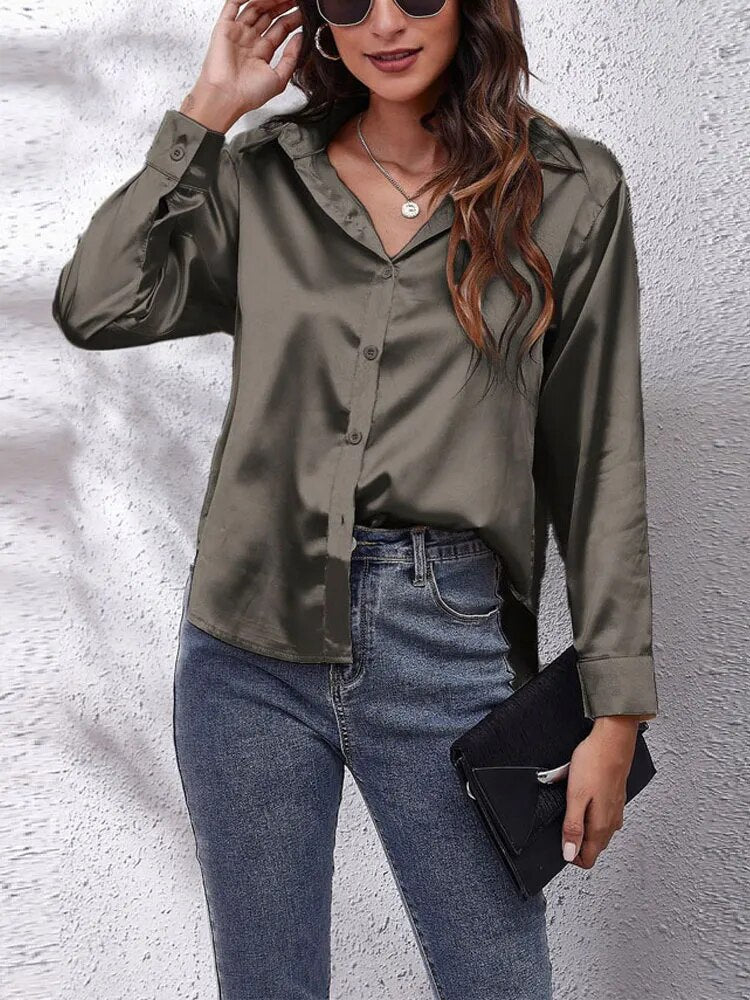 JuliaFashion-Imitation Silk Long Sleeve Blouse