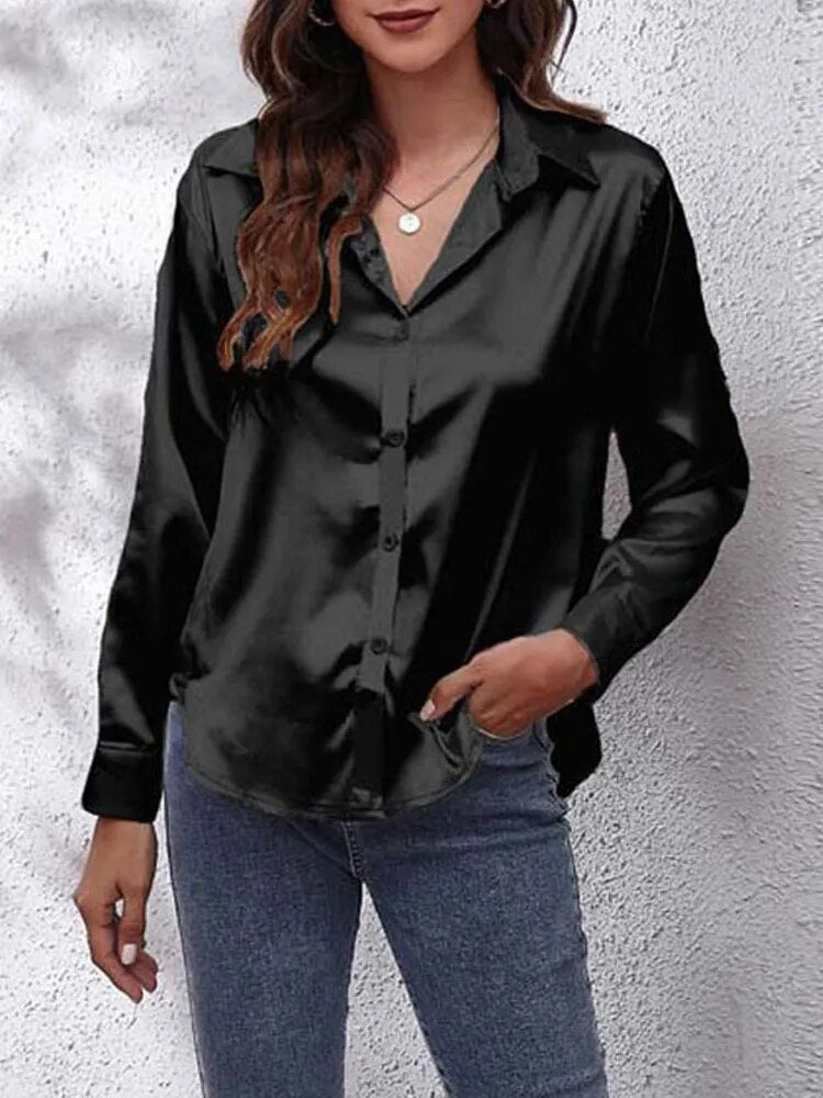 JuliaFashion-Imitation Silk Long Sleeve Blouse