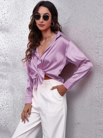 JuliaFashion-Imitation Silk Long Sleeve Blouse