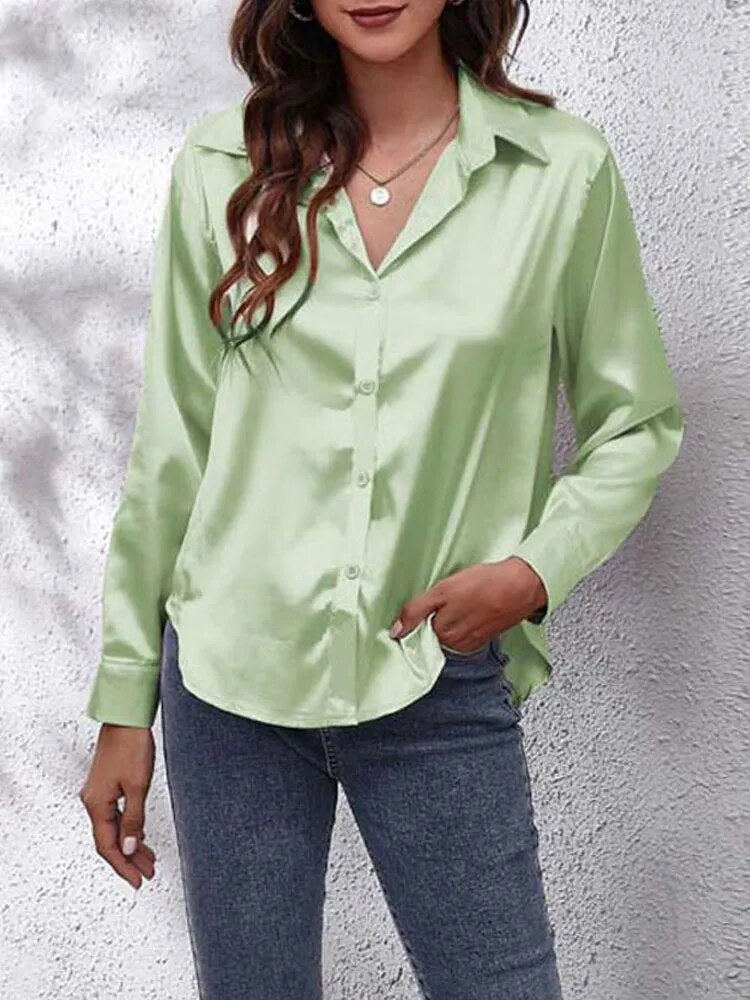 JuliaFashion-Imitation Silk Long Sleeve Blouse