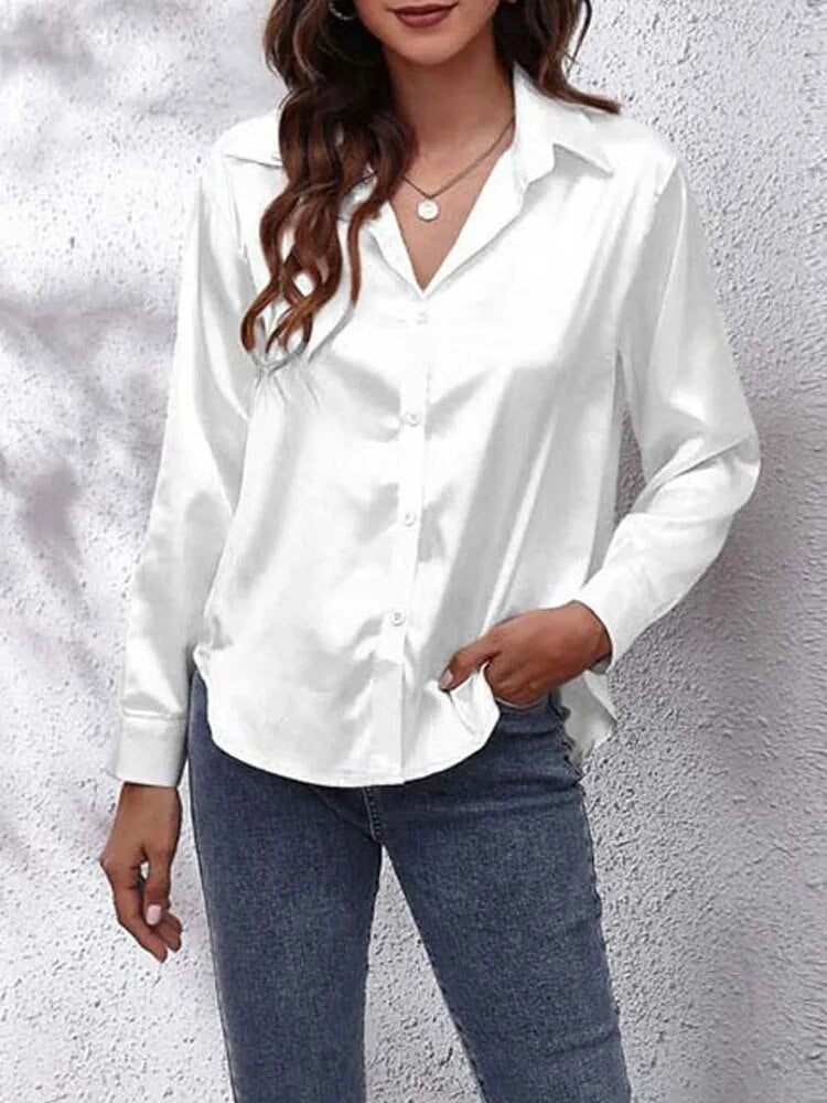 JuliaFashion-Imitation Silk Long Sleeve Blouse