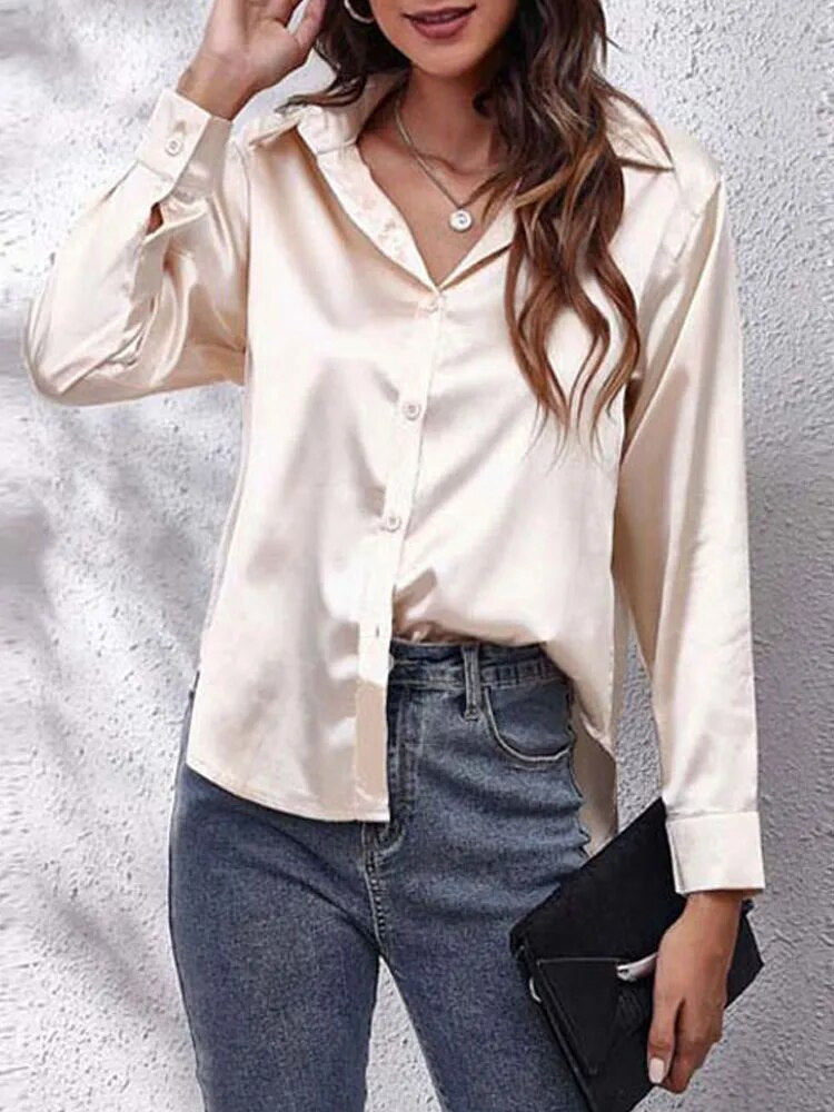 JuliaFashion-Imitation Silk Long Sleeve Blouse