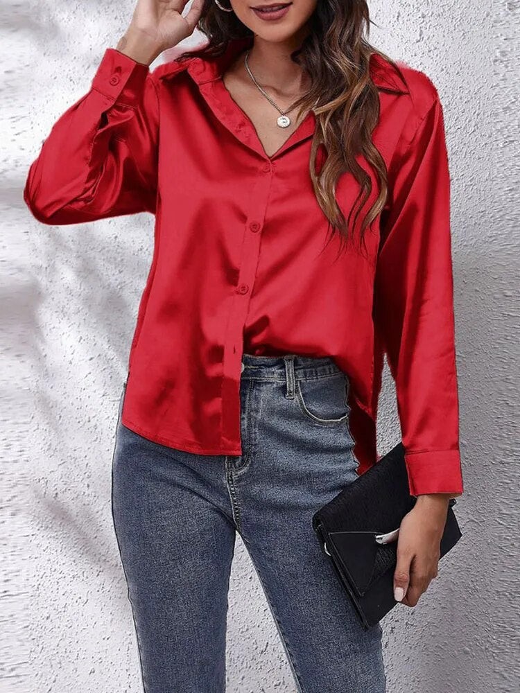 JuliaFashion-Imitation Silk Long Sleeve Blouse