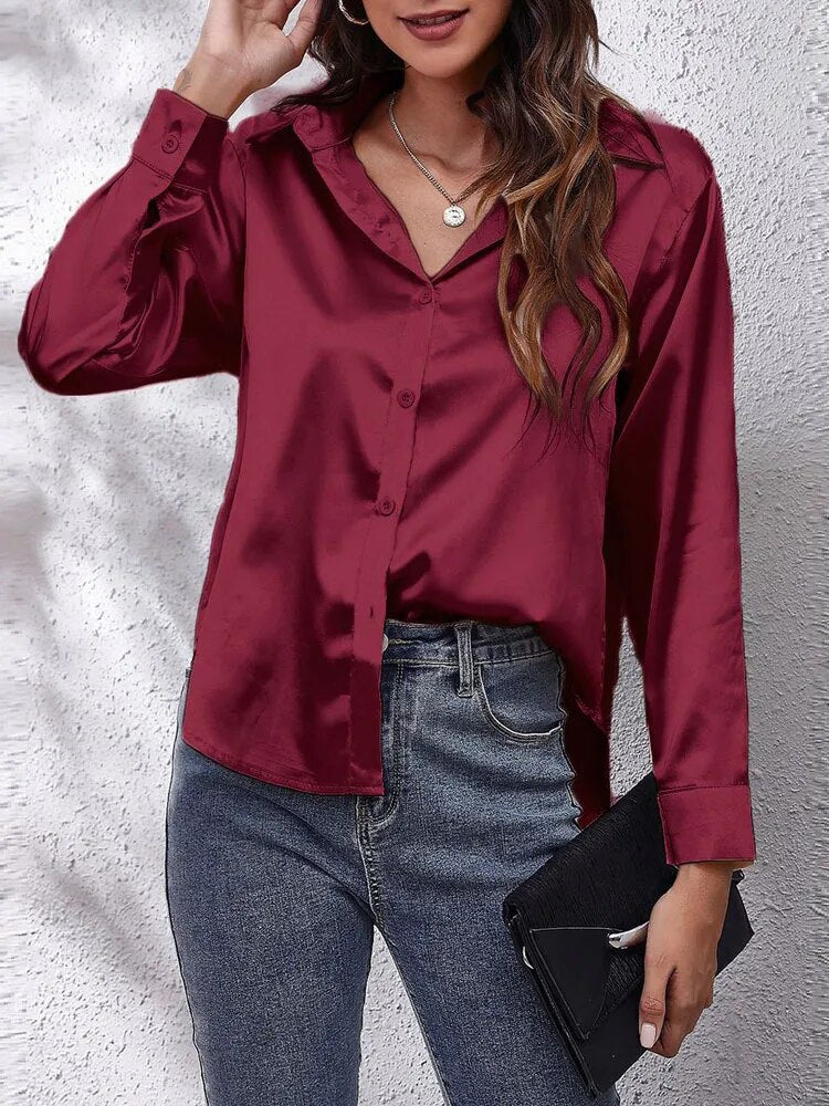 JuliaFashion-Imitation Silk Long Sleeve Blouse