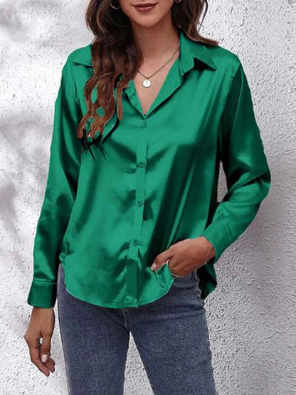 JuliaFashion-Imitation Silk Long Sleeve Blouse