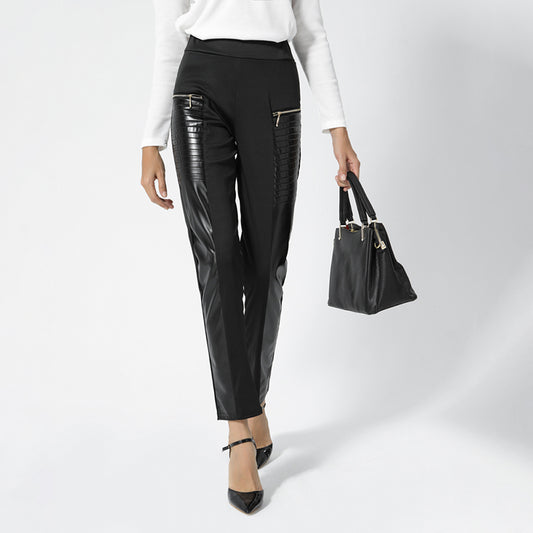 Streetwear Faux PU Leather High Waist Black Stacked Pants