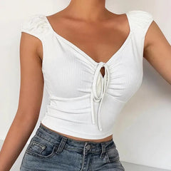 JuliaFashion - 2024 Puff Sleeve Bow Crop Tee