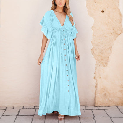 JuliaFashion-High Waist Singel-Breasted White Maxi Boho Dress