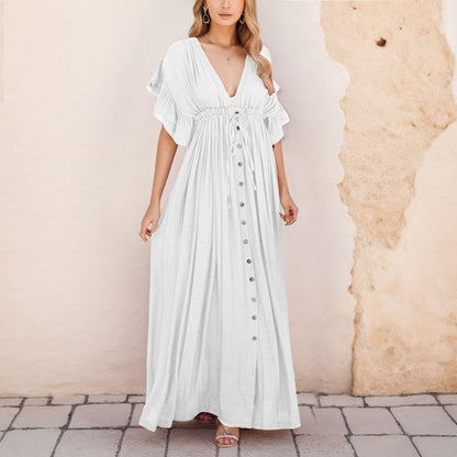 JuliaFashion-High Waist Singel-Breasted White Maxi Boho Dress