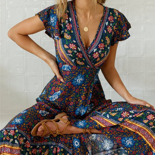 JuliaFashion-Casual V-Neck Bohemian Printed Boho Dress