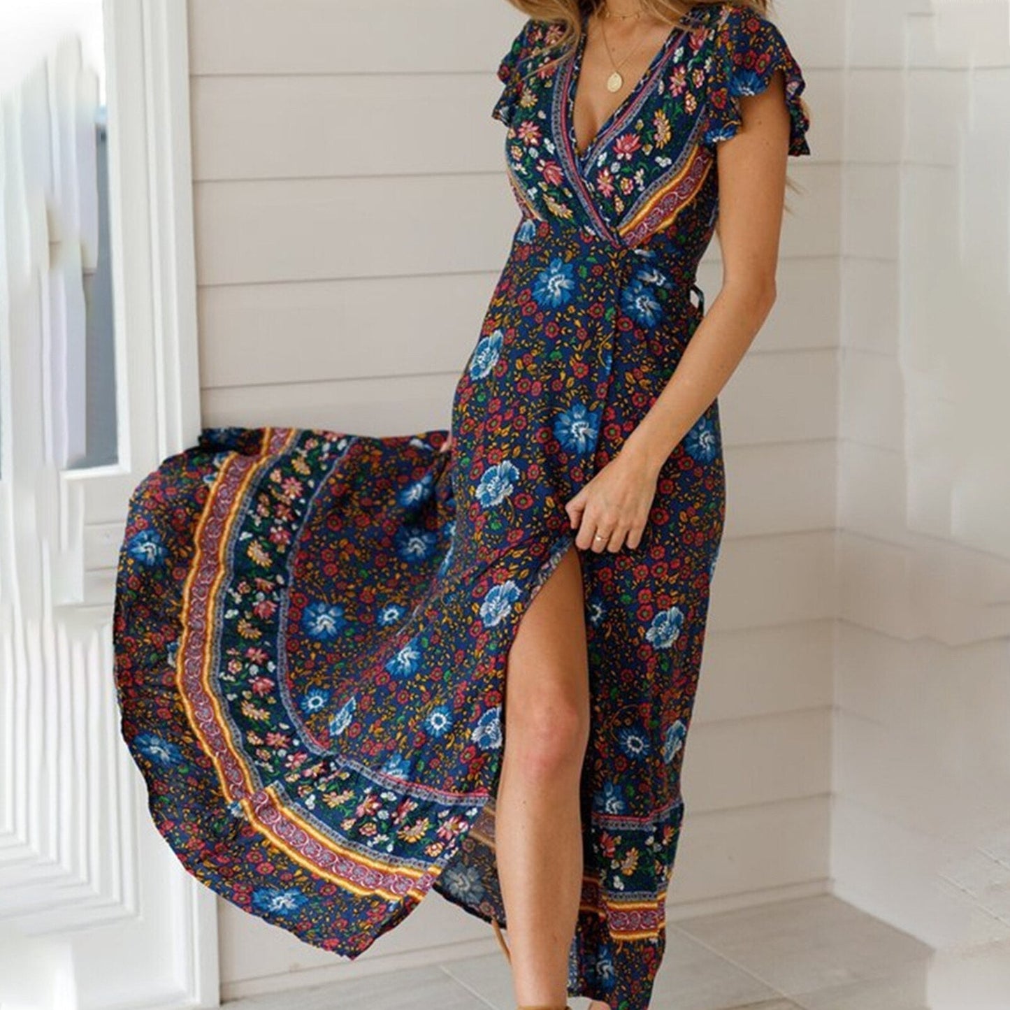 JuliaFashion-Casual V-Neck Bohemian Printed Boho Dress