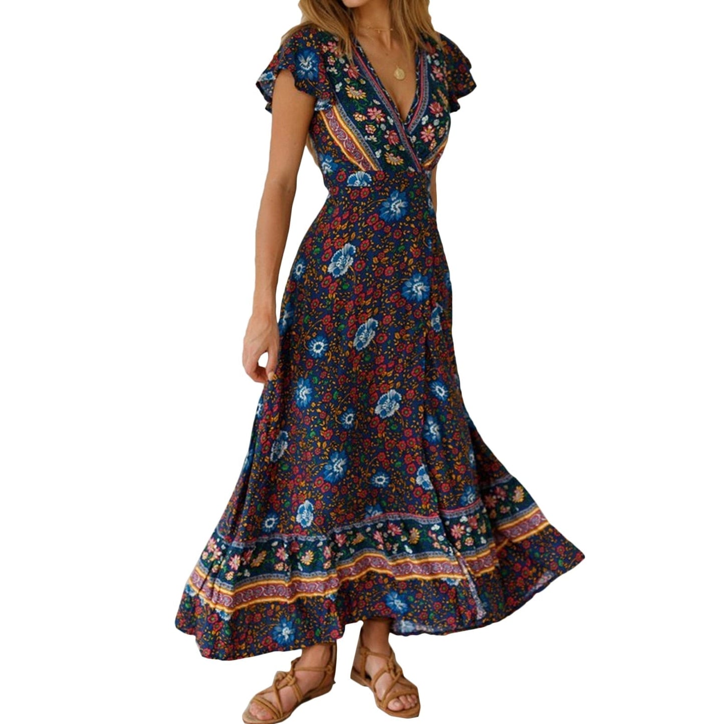 JuliaFashion-Casual V-Neck Bohemian Printed Boho Dress