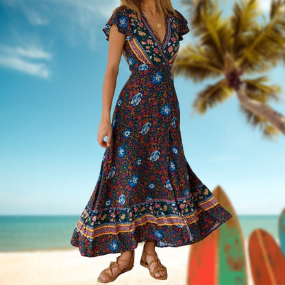 JuliaFashion-Casual V-Neck Bohemian Printed Boho Dress