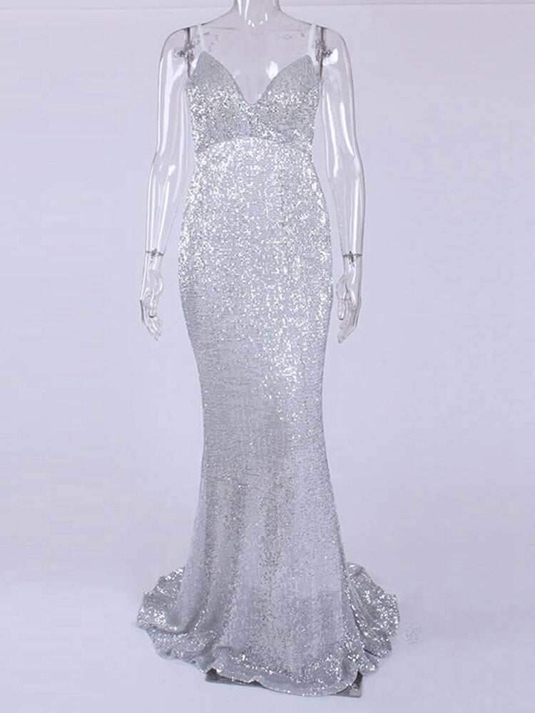 JuliaFashion - 2024 V-Neck Silver Sequined Bridesmaid Mermaid Dress