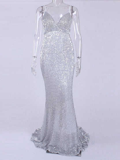 JuliaFashion - 2024 V-Neck Silver Sequined Bridesmaid Mermaid Dress