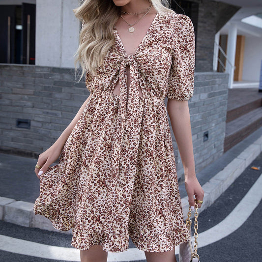 JuliaFashion-Floral Ruffles Sexy V-Neck Boho Dress