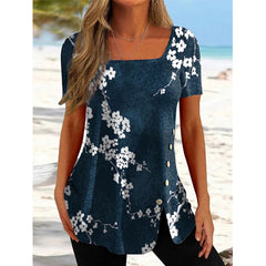 JuliaFashion - 2024 Women Ethnic Style Button Slit Short-sleeved Top Blouse