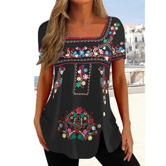 JuliaFashion - 2024 Women Ethnic Style Button Slit Short-sleeved Top Blouse