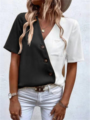 JuliaFashion - 2024 Women Chiffon Contrast Color Oblique Buckle V-Neck Short Sleeve Blouse