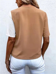 JuliaFashion - 2024 Women Chiffon Contrast Color Oblique Buckle V-Neck Short Sleeve Blouse