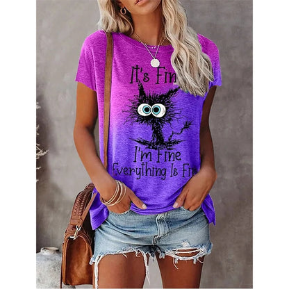 JuliaFashion - 2024 Summer New Women's Fashion T-shirt Round Neck Daily Top Shirt