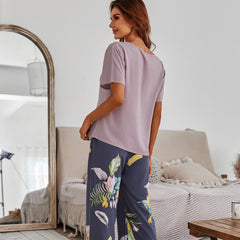 JuliaFashion-Contrast Color Cotton Viscose Home Sleepwear