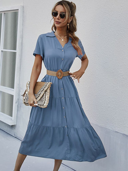 JuliaFashion - 2024  Solid Ruffles A-line Casual V-neck High Waist Shirt Dress