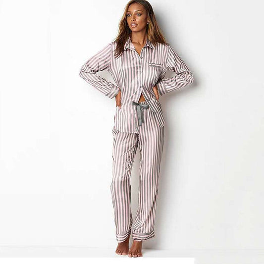 JuliaFashion - 2024 Satin Silk Striped Sleepwear Two Piece Set