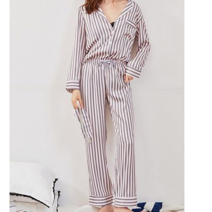 JuliaFashion - 2024 Satin Silk Striped Sleepwear Two Piece Set