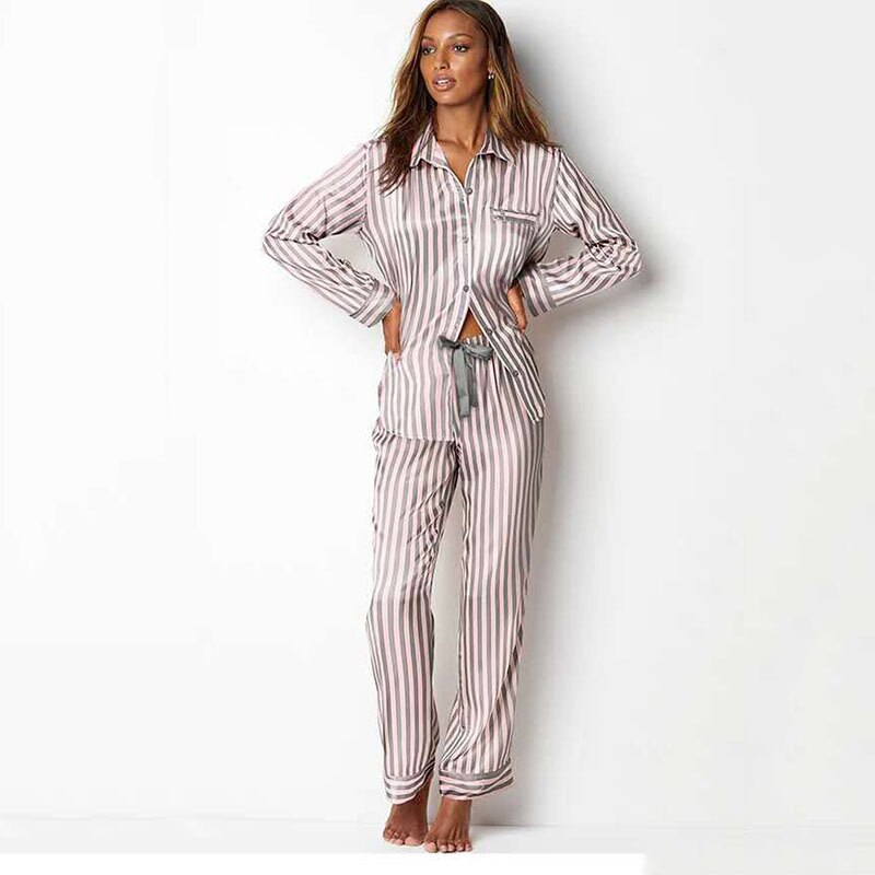 JuliaFashion - 2024 Satin Silk Striped Sleepwear Two Piece Set