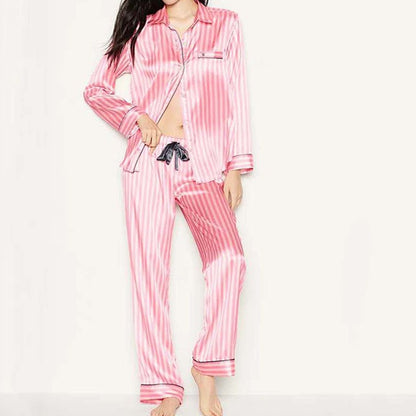 JuliaFashion - 2024 Satin Silk Striped Sleepwear Two Piece Set