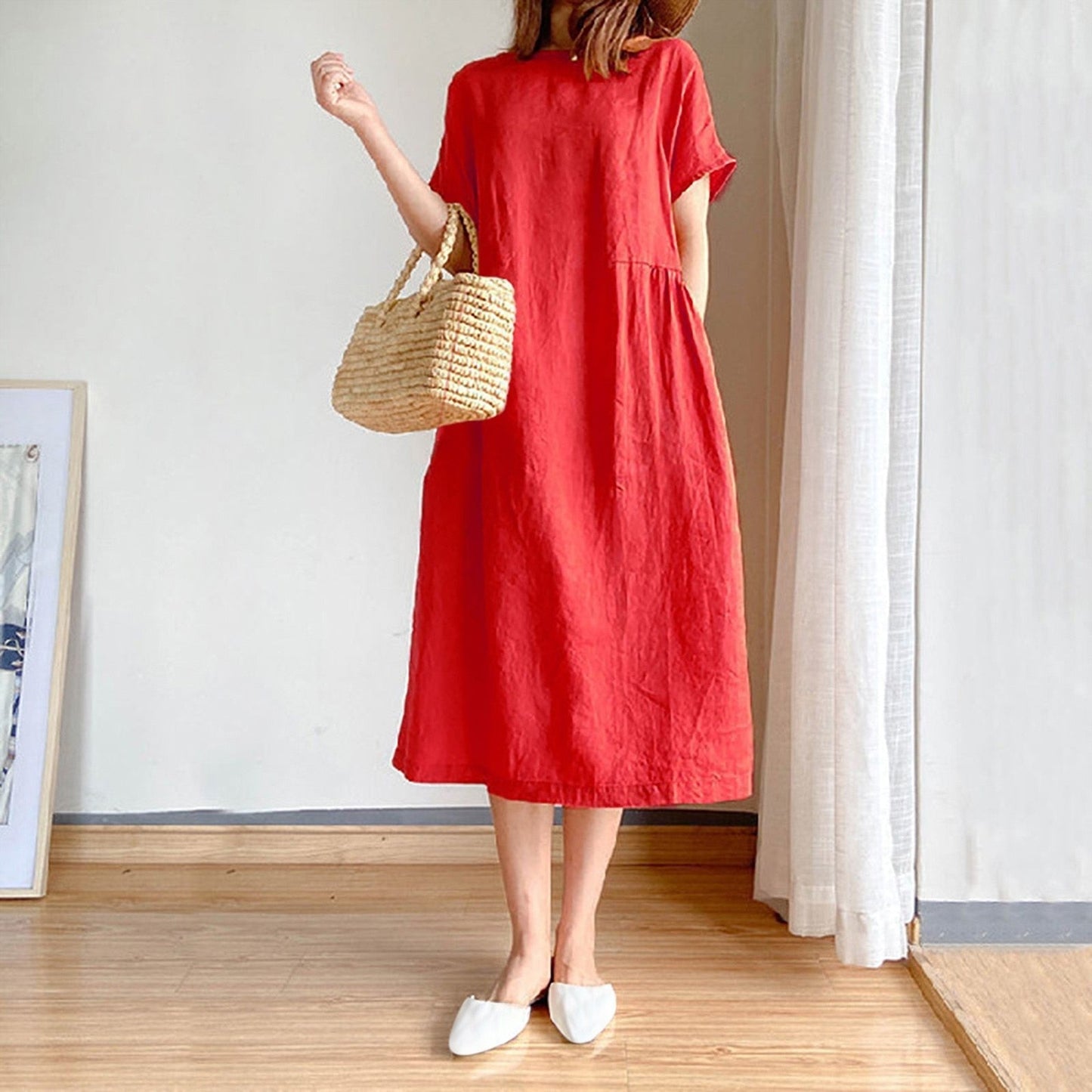 JuliaFashion - 2024 Short Sleeve Casual Loose Midi Dress