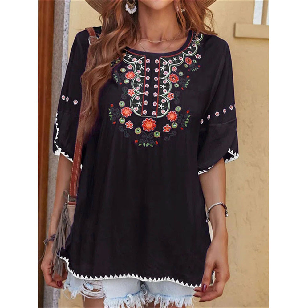 JuliaFashion - 2024 Women Casual O-Neck T Shirt Vintage Ethnic Floral Print Loose Top