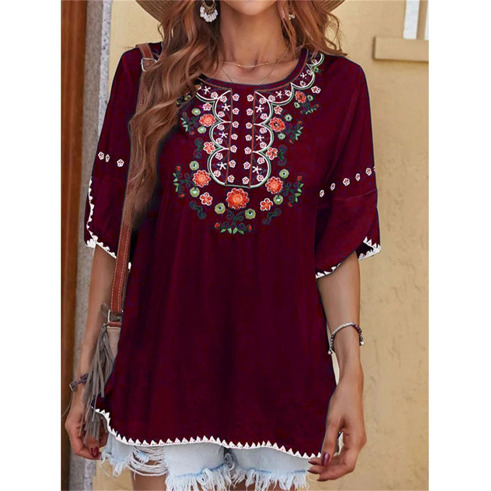 JuliaFashion - 2024 Women Casual O-Neck T Shirt Vintage Ethnic Floral Print Loose Top