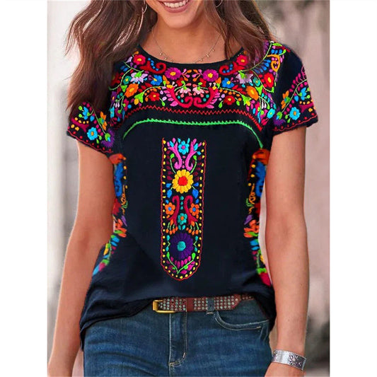 JuliaFashion - 2024 Women Casual O-Neck Floral Print Short Sleeve Loose Top