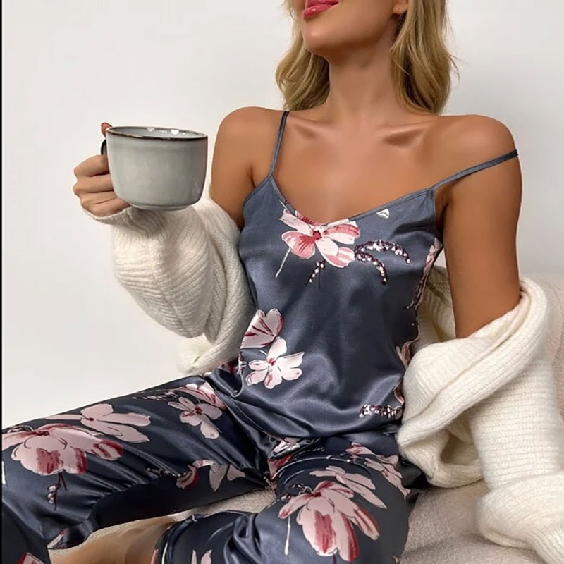 JuliaFashion-Floral Printed Sleeveless Tops With Long Pants Pajama Suit