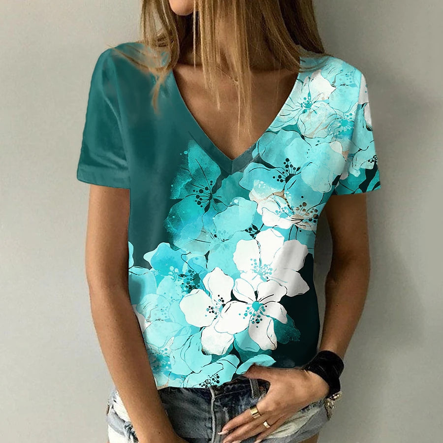 JuliaFashion - 2024 Summer Women's Floral Painting Floral Print V-Neck Basic Tops
