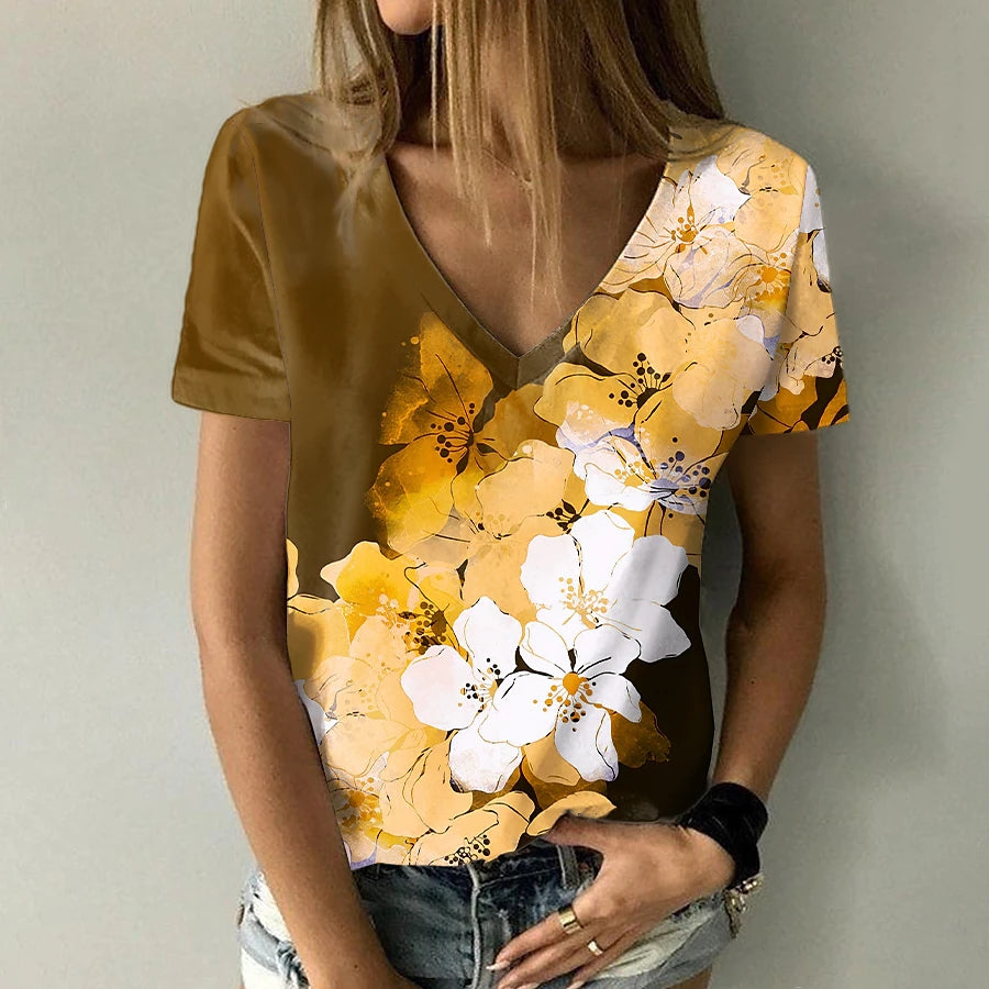 JuliaFashion - 2024 Summer Women's Floral Painting Floral Print V-Neck Basic Tops