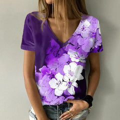 JuliaFashion - 2024 Summer Women's Floral Painting Floral Print V-Neck Basic Tops