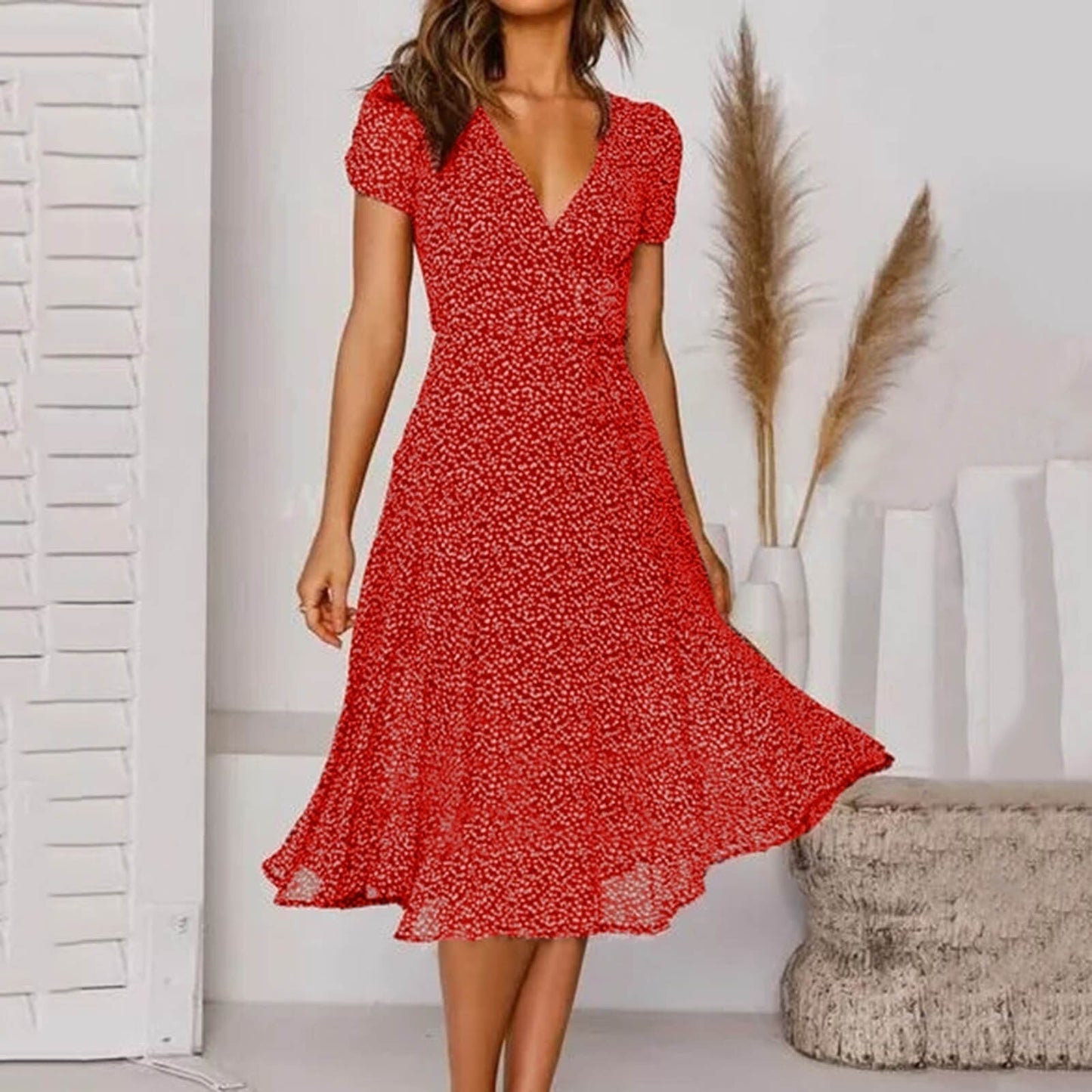 JuliaFashion-2024 Polka Dot A-Line Boho Midi Dress