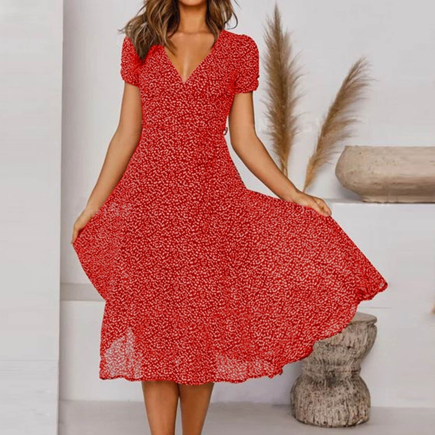 JuliaFashion-2024 Polka Dot A-Line Boho Midi Dress