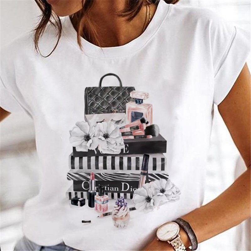 JuliaFashion - 2024 T-shirts Women Sweet Wine Print Girl 90s Cartoon Printing Clothes