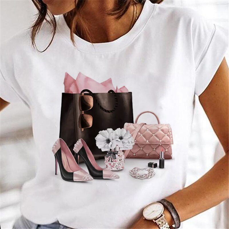 JuliaFashion - 2024 T-shirts Women Sweet Wine Print Girl 90s Cartoon Printing Clothes